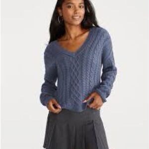 Aeropostale Women's  Cable Knit V-Neck Sweater Slate Blue Chunky Slouchy M